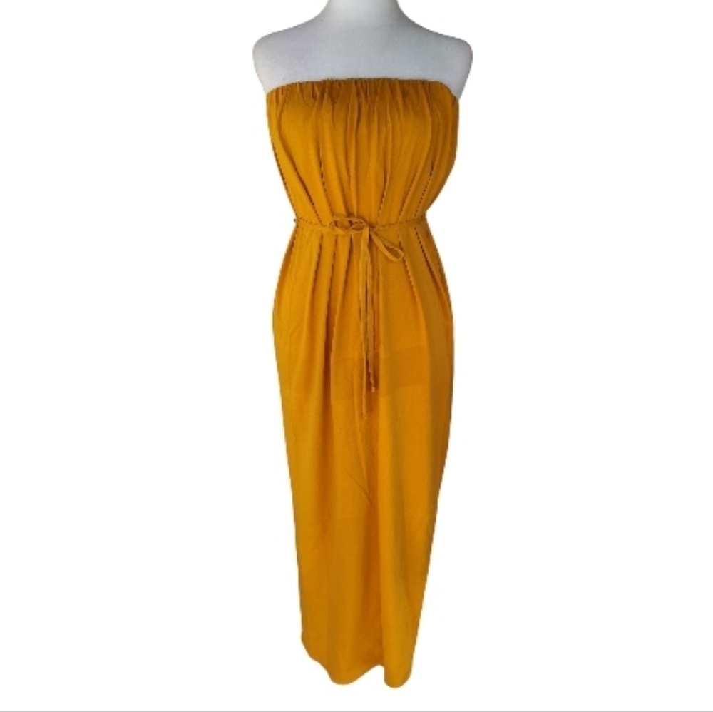 Zara Goldenrod Yellow Strapless Tie Waist Maxi Dress Size Small Beachy Comfy
